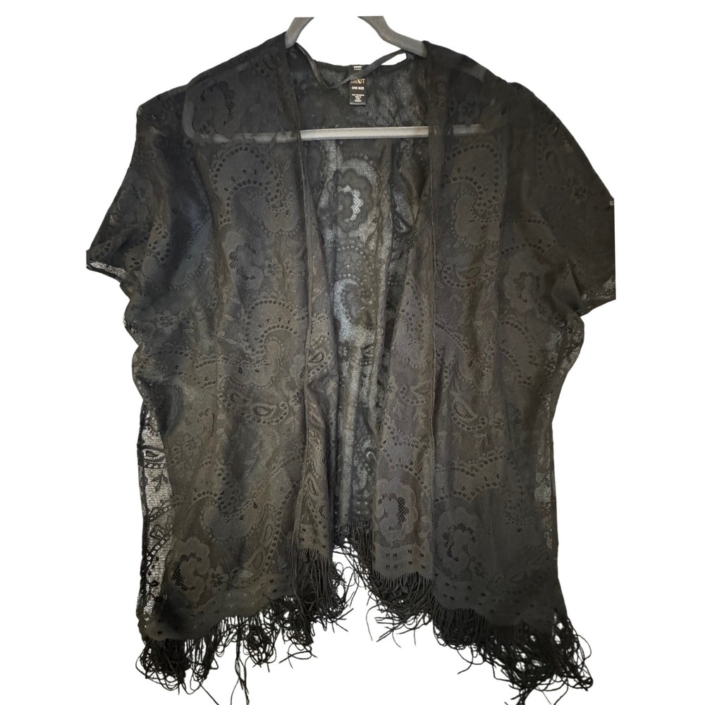 Mixit‎ Womens Black Sheer Lace Paisley Kimono Fringe Wrap One Size Open Front